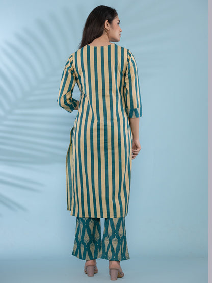 Cotton Printed HandWork Kurta with Pants Set - Green