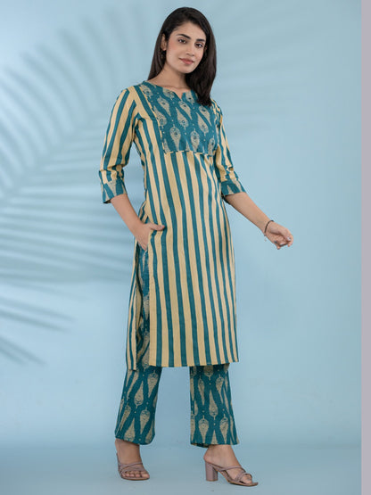 Cotton Printed HandWork Kurta with Pants Set - Green