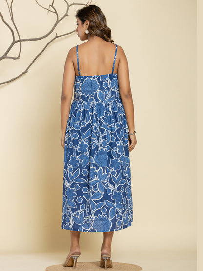 Floral Print Spaghetti Maxi Dress - Blue
