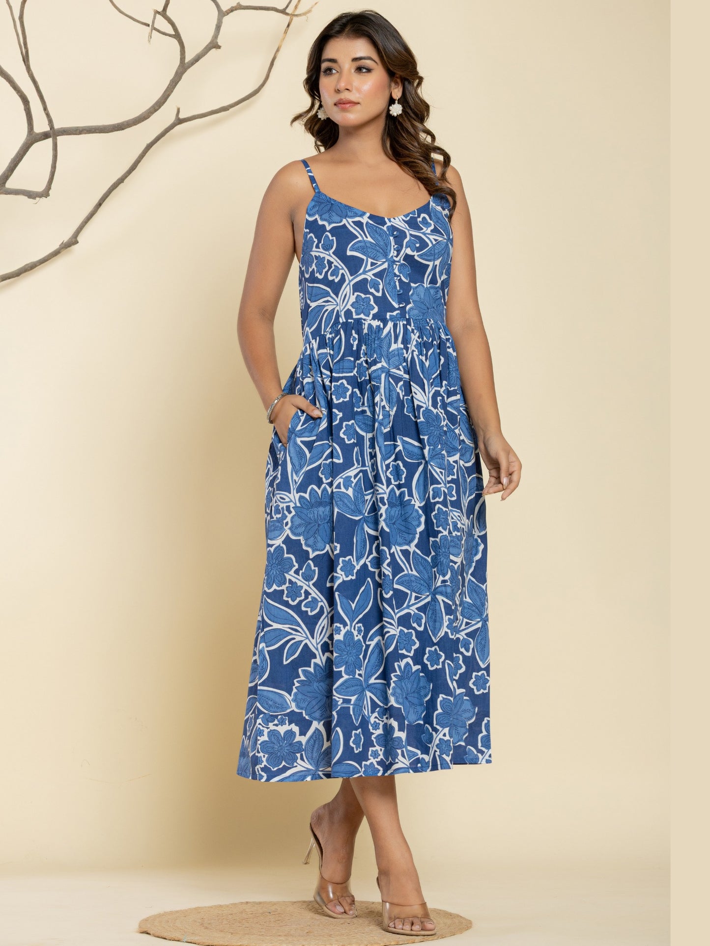Floral Print Spaghetti Maxi Dress - Blue