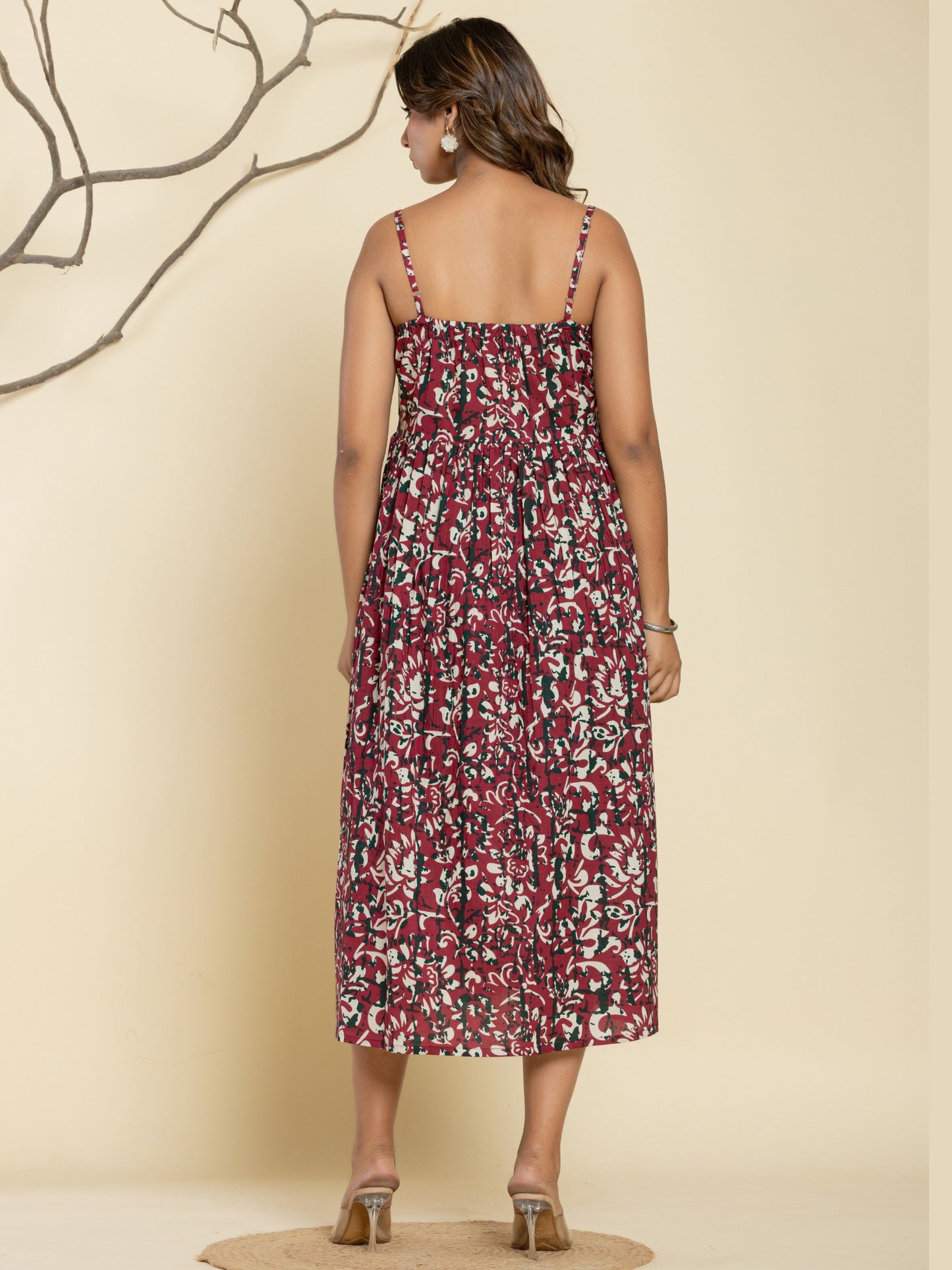 Floral Print Spaghetti Maxi Dress - Wine