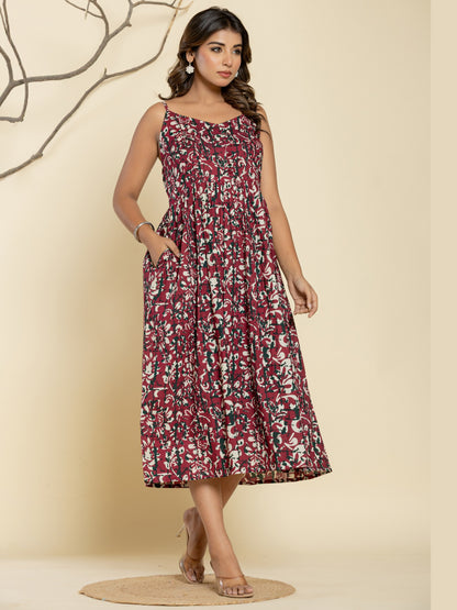 Floral Print Spaghetti Maxi Dress - Wine