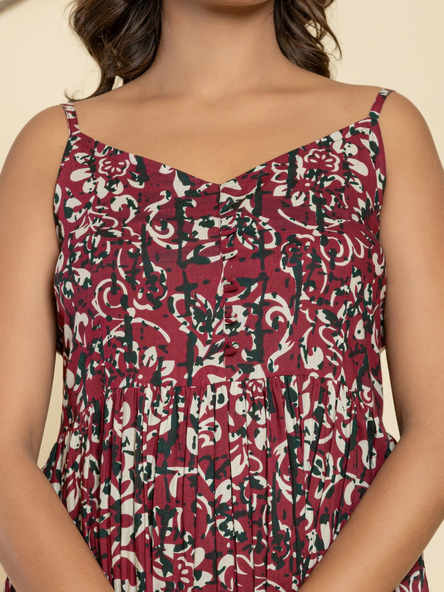 Floral Print Spaghetti Maxi Dress - Wine