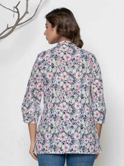 Pure Cotton Printed Pleted Top with Lace detail - Light grey