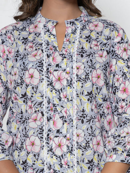 Pure Cotton Printed Pleted Top with Lace detail - Light grey