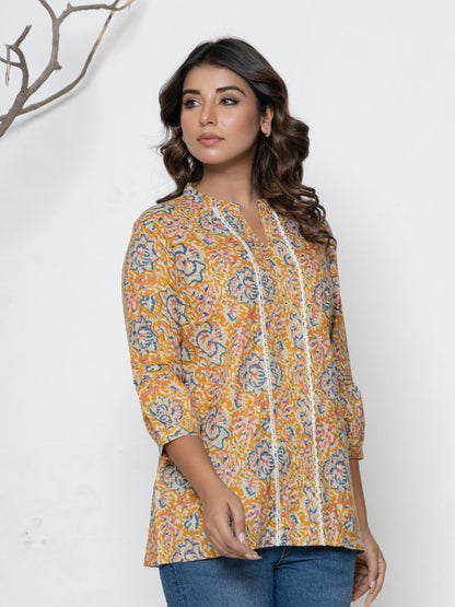 Pure Cotton Printed Pleted Top with Lace detail - Orange