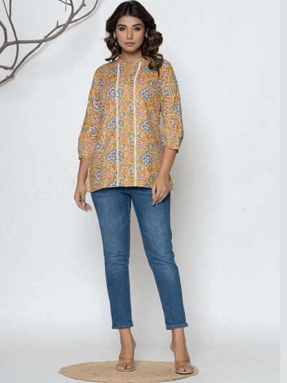 Pure Cotton Printed Pleted Top with Lace detail - Orange