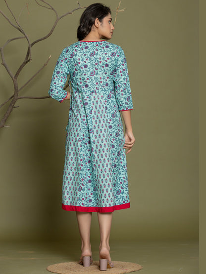 Pure Cotton Angrakha Style Anarkali Dress - Blue Pink