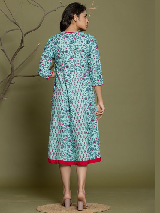 Pure Cotton Angrakha Style Anarkali Dress - Blue Pink