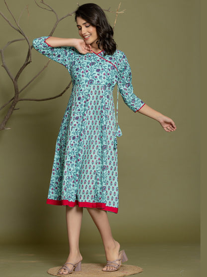 Pure Cotton Angrakha Style Anarkali Dress - Blue Pink