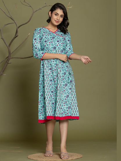 Pure Cotton Angrakha Style Anarkali Dress - Blue Pink