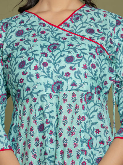 Pure Cotton Angrakha Style Anarkali Dress - Blue Pink