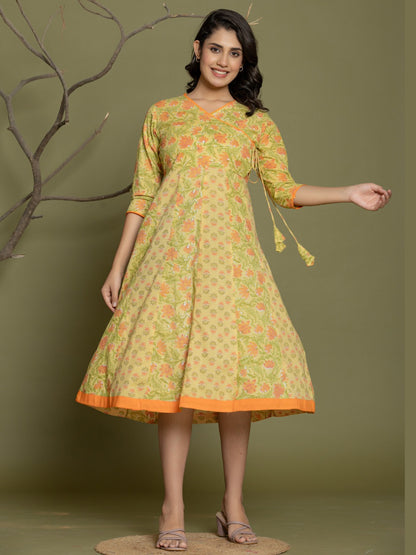 Pure Cotton Angrakha Style Anarkali Dress - Lemon Yellow
