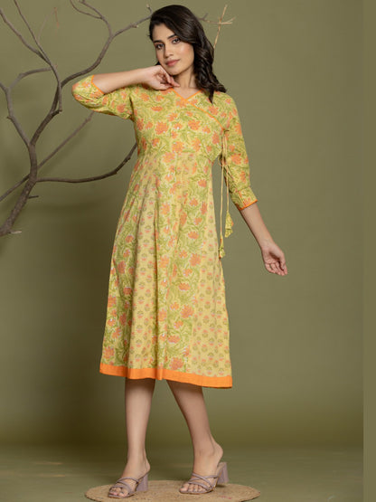 Pure Cotton Angrakha Style Anarkali Dress - Lemon Yellow