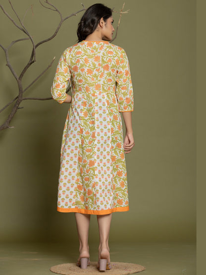 Pure Cotton Angrakha Style Anarkali Dress - Orange White