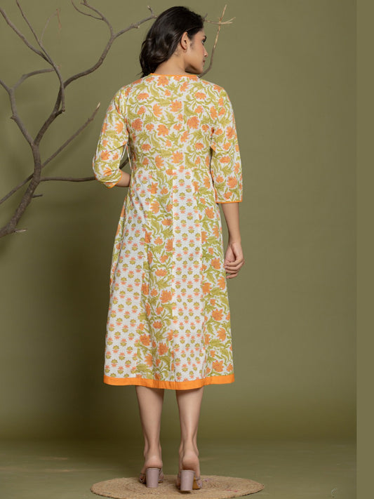 Pure Cotton Angrakha Style Anarkali Dress - Orange White