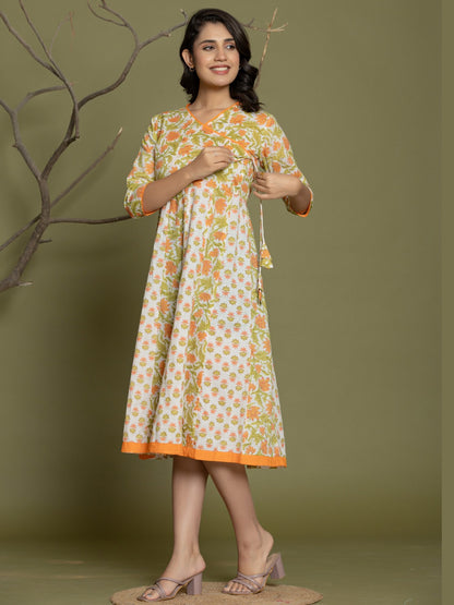 Pure Cotton Angrakha Style Anarkali Dress - Orange White