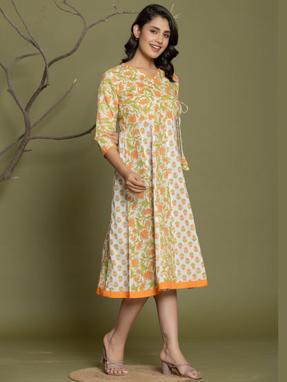 Pure Cotton Angrakha Style Anarkali Dress - Orange White