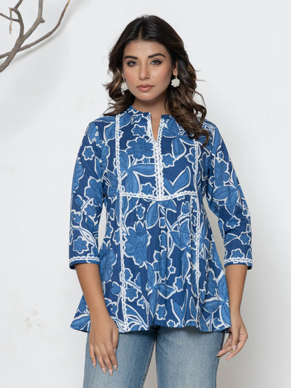 Women Floral Print Mandarin Collar Pure Cotton A-Line Top - Blue