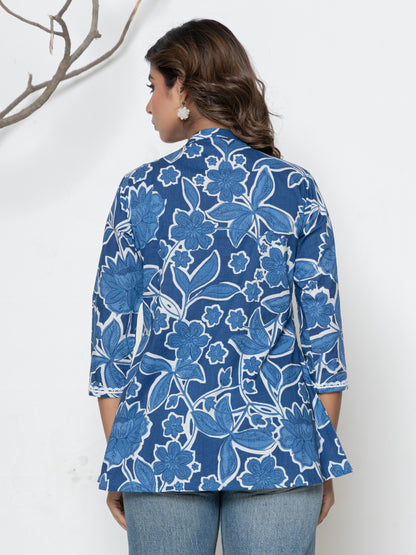 Women Floral Print Mandarin Collar Pure Cotton A-Line Top - Blue