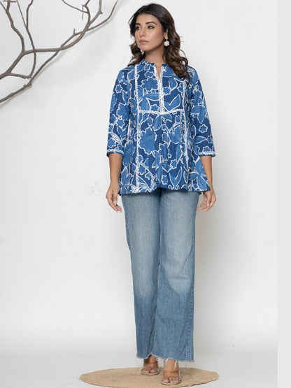 Women Floral Print Mandarin Collar Pure Cotton A-Line Top - Blue