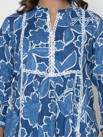 Women Floral Print Mandarin Collar Pure Cotton A-Line Top - Blue