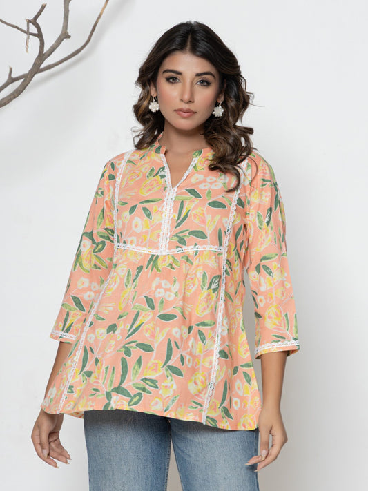 Women Floral Print Mandarin Collar Pure Cotton A-Line Top - Peach