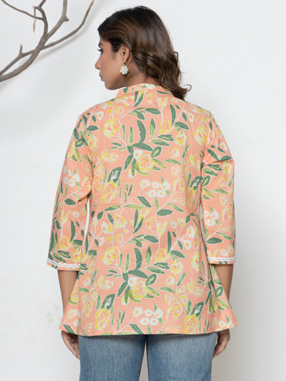 Women Floral Print Mandarin Collar Pure Cotton A-Line Top - Peach