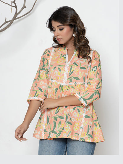 Women Floral Print Mandarin Collar Pure Cotton A-Line Top - Peach