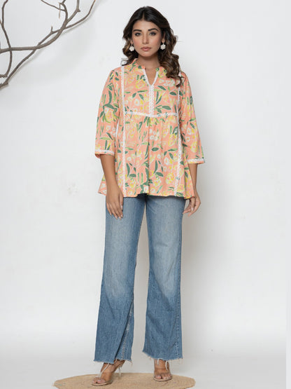 Women Floral Print Mandarin Collar Pure Cotton A-Line Top - Peach