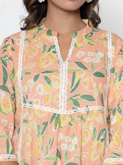 Women Floral Print Mandarin Collar Pure Cotton A-Line Top - Peach
