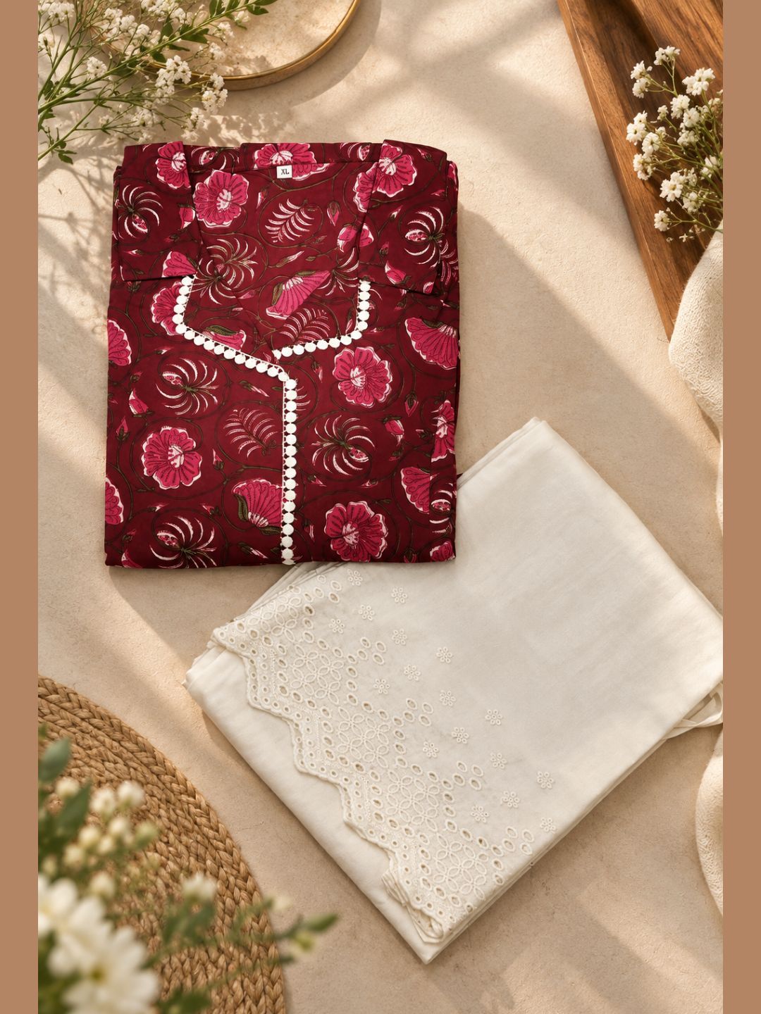 Crimson Bloom — Pure Cotton Kurta & Chikan Pant Set