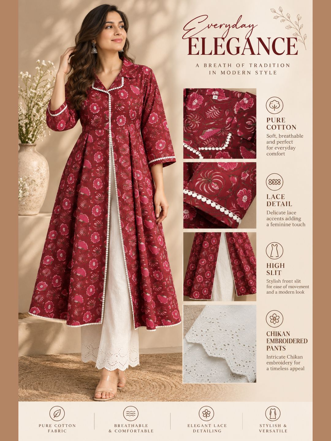 Crimson Bloom — Pure Cotton Kurta & Chikan Pant Set
