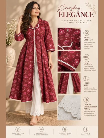 Crimson Bloom — Pure Cotton Kurta & Chikan Pant Set