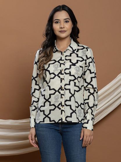 Pure Cotton Printed Shirt - Cream