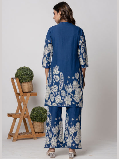 Pure Cotton Placement Print Co-ord Set - Blue