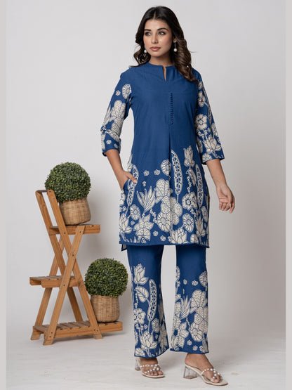 Pure Cotton Placement Print Co-ord Set - Blue