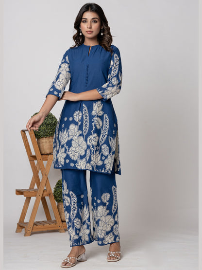 Pure Cotton Placement Print Co-ord Set - Blue