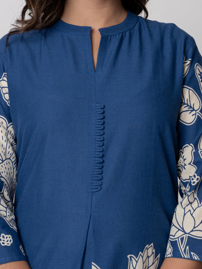 Pure Cotton Placement Print Co-ord Set - Blue