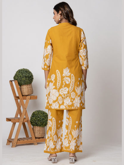 Pure Cotton Placement Print Co-ord Set - Mustard