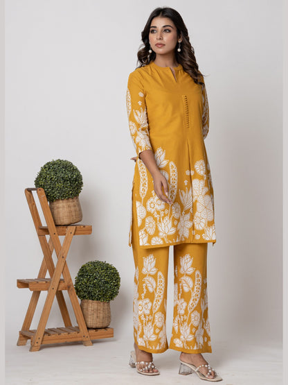 Pure Cotton Placement Print Co-ord Set - Mustard