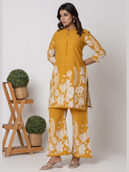Pure Cotton Placement Print Co-ord Set - Mustard