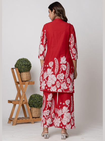 Pure Cotton Placement Print Co-ord Set - Red