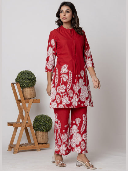 Pure Cotton Placement Print Co-ord Set - Red