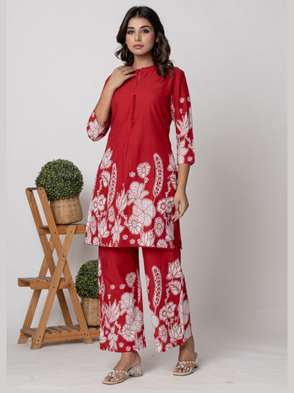 Pure Cotton Placement Print Co-ord Set - Red