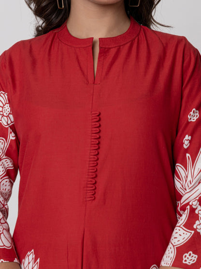 Pure Cotton Placement Print Co-ord Set - Red