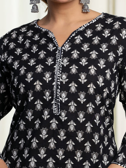Pure Cotton Printed Kurta Pant Set with HandWork - Black