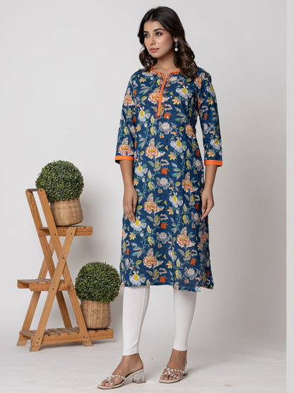 Cotton Printed Straight Kurta with Katha Work- Blue