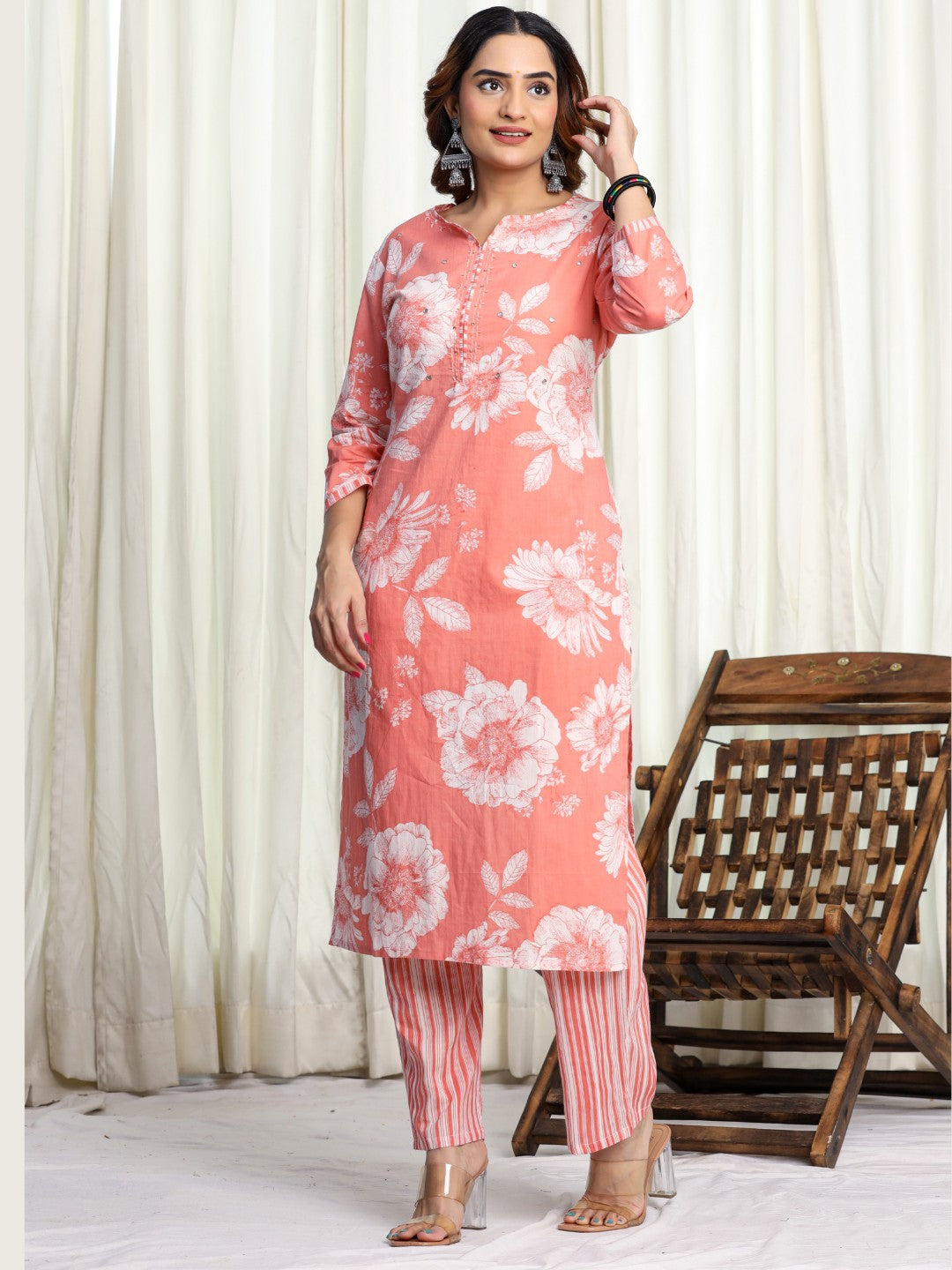 Pure Cotton Printed Kurta Pant Set with HandWork - Peach
