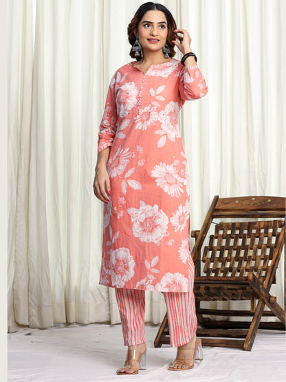 Pure Cotton Printed Kurta Pant Set with HandWork - Peach